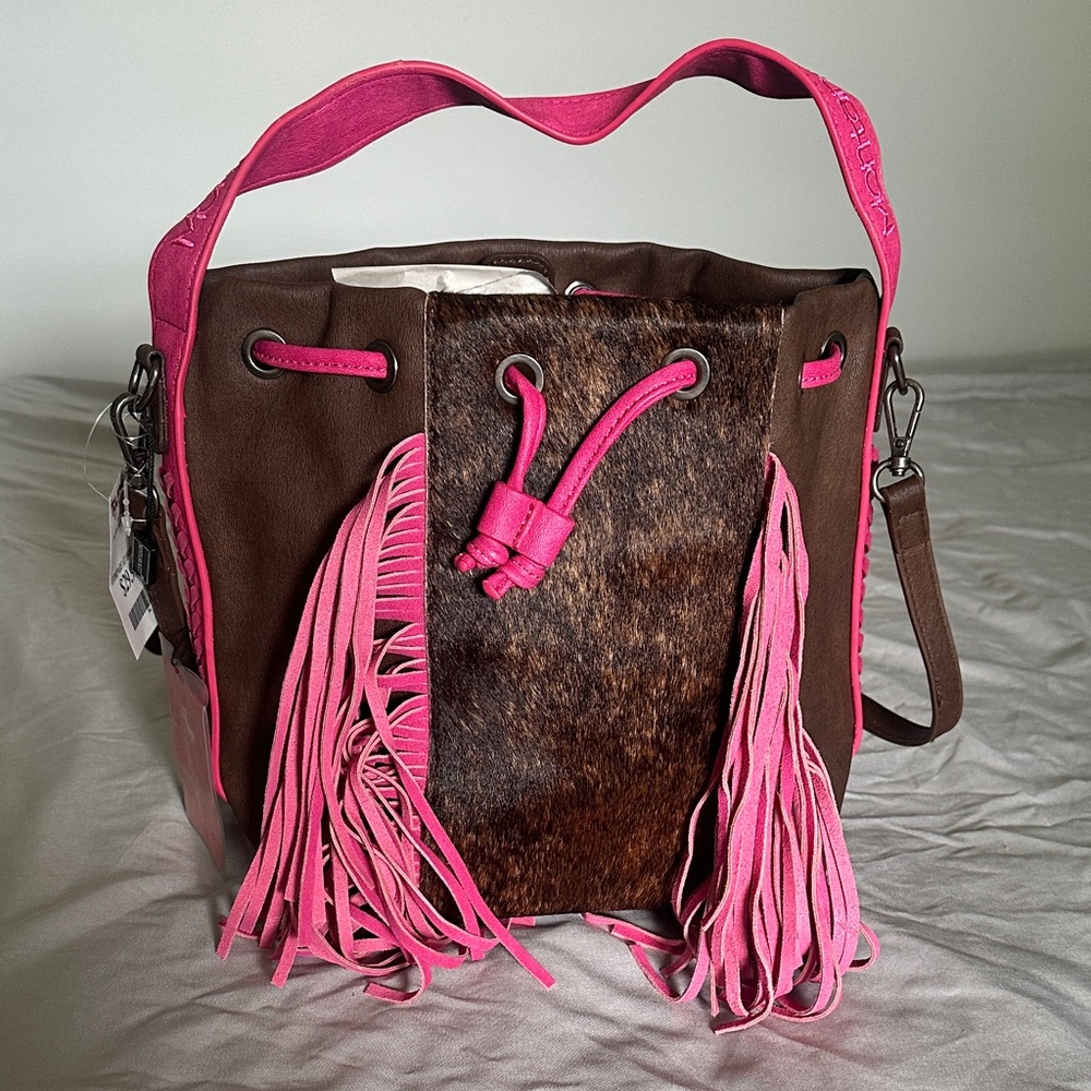 Montana West Brown and Hot Pink Fringe Drawstring Shoulder Bag